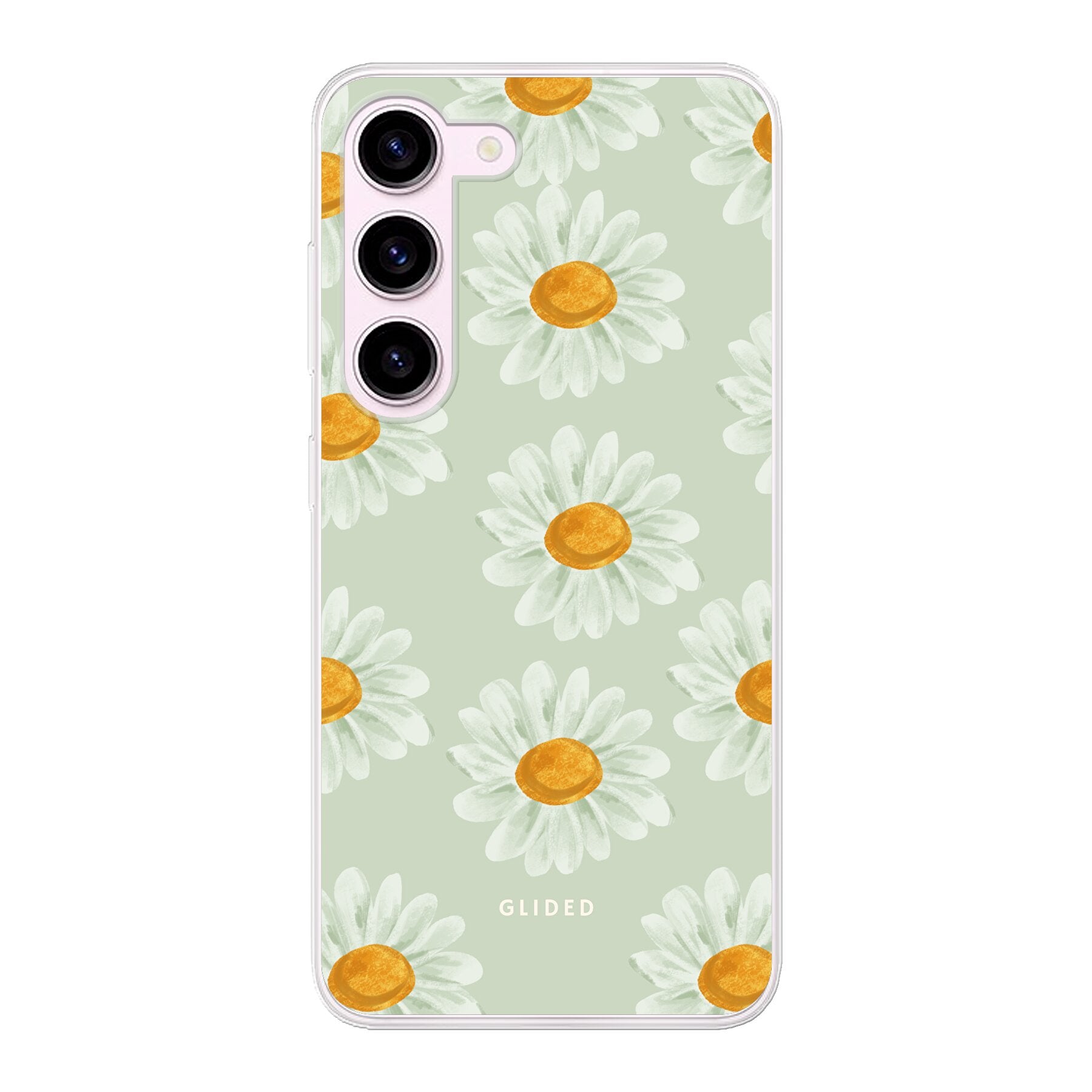Daisy Handyhülle für Samsung Galaxy S23 mit lebendigen Gänseblümchen auf einem weißen Hintergrund, idealer Schutz und stilvolles Design.