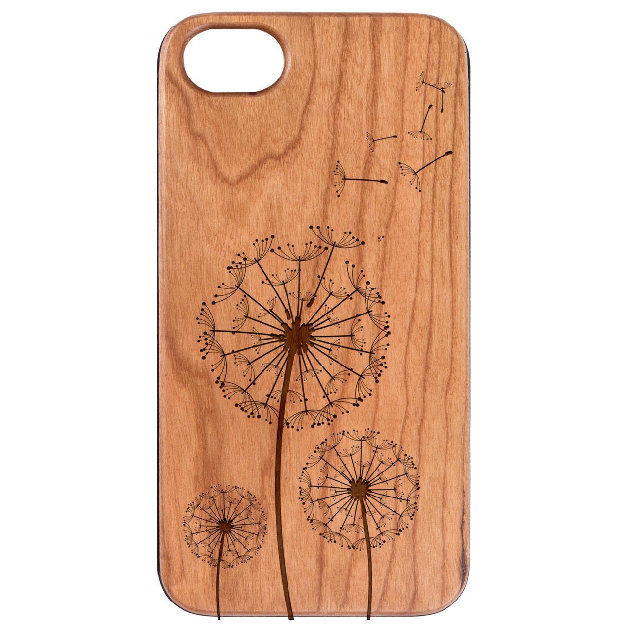 Dandelion Engraved wooden phone case showcasing intricate laser-engraved design and natural wood finish.