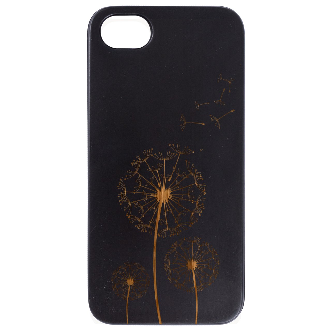 Dandelion Engraved wooden phone case showcasing intricate laser-engraved design and natural wood finish.