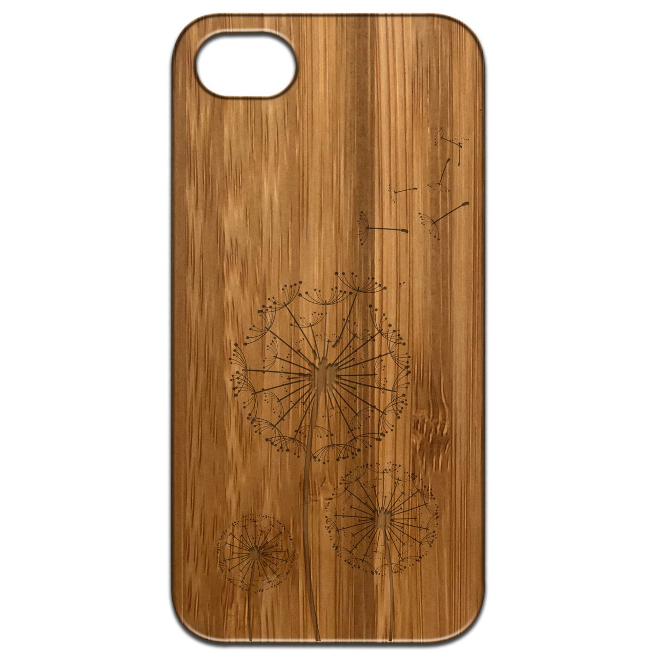 Dandelion Engraved wooden phone case showcasing intricate laser-engraved design and natural wood finish.