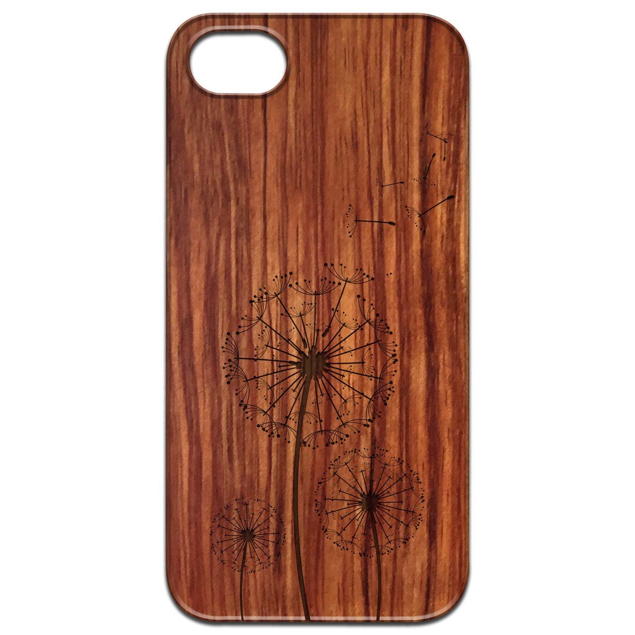 Dandelion Engraved wooden phone case showcasing intricate laser-engraved design and natural wood finish.