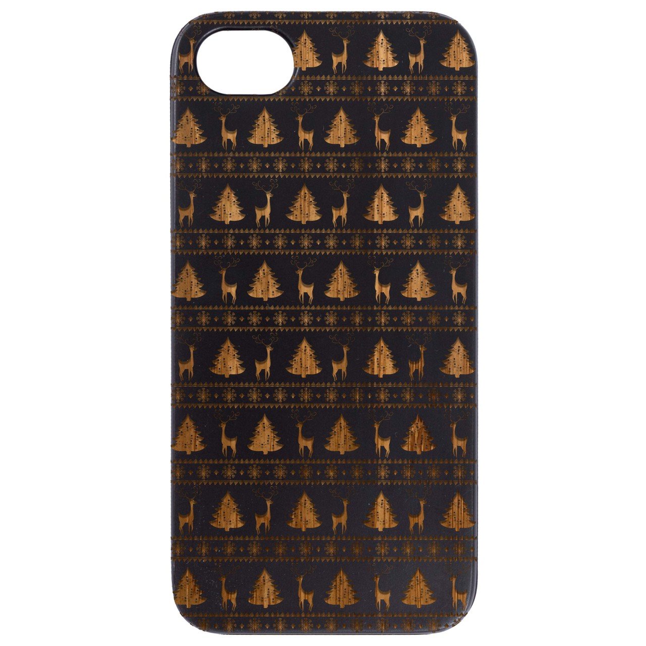 Engraved wooden phone case featuring a deer pattern, showcasing natural wood texture and stylish design.