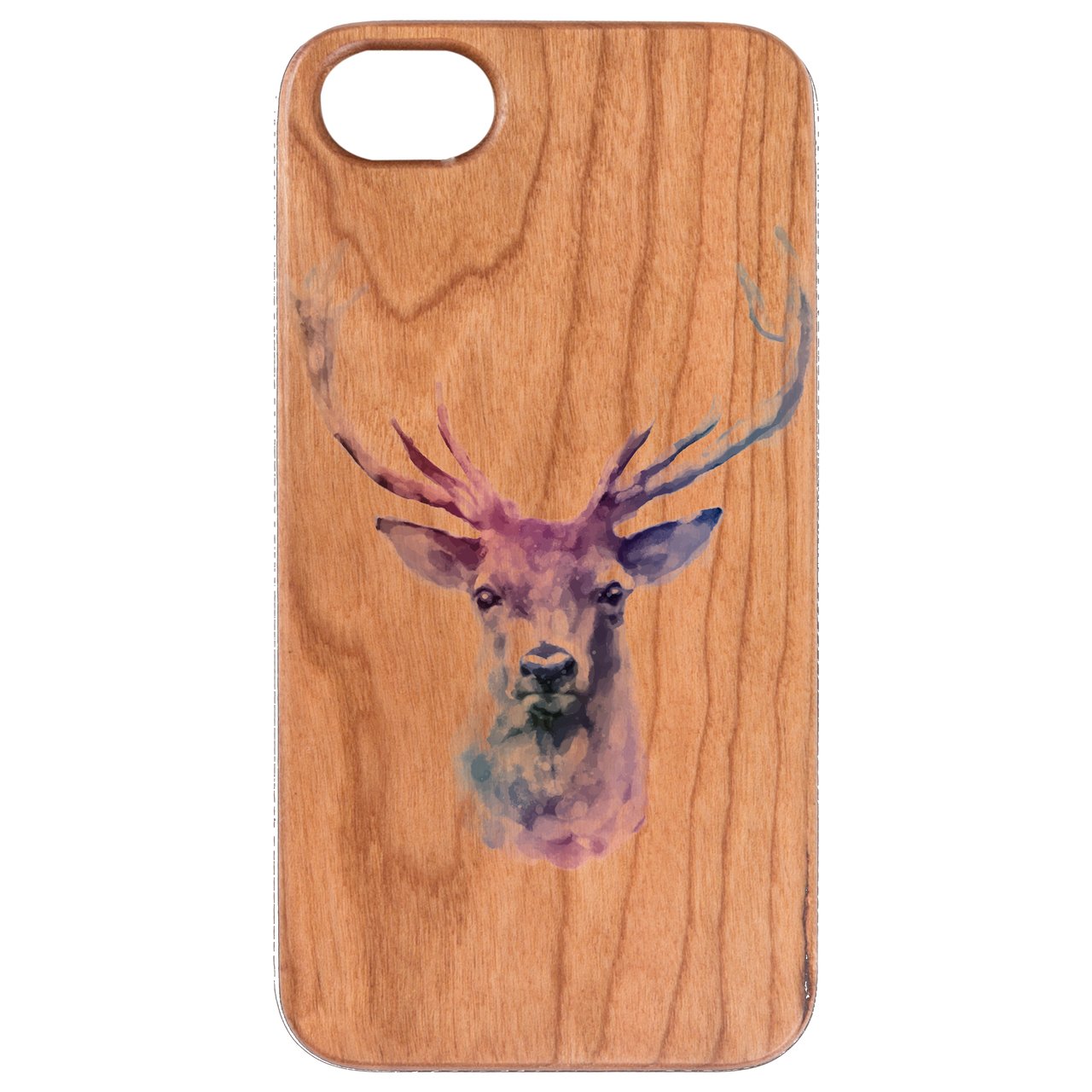 Deer UV Color Printed phone case showcasing vibrant designs on a natural wood surface with protective rubber bumper.