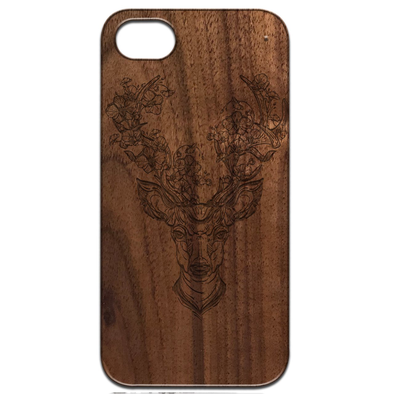 Engraved wooden phone case featuring a deer and flowers design, showcasing natural wood texture and elegant craftsmanship.