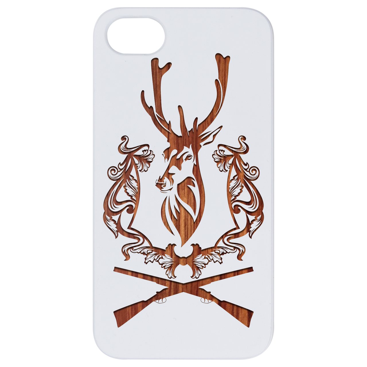 Engraved wooden phone case featuring a deer with rifles design, showcasing natural wood texture and craftsmanship.