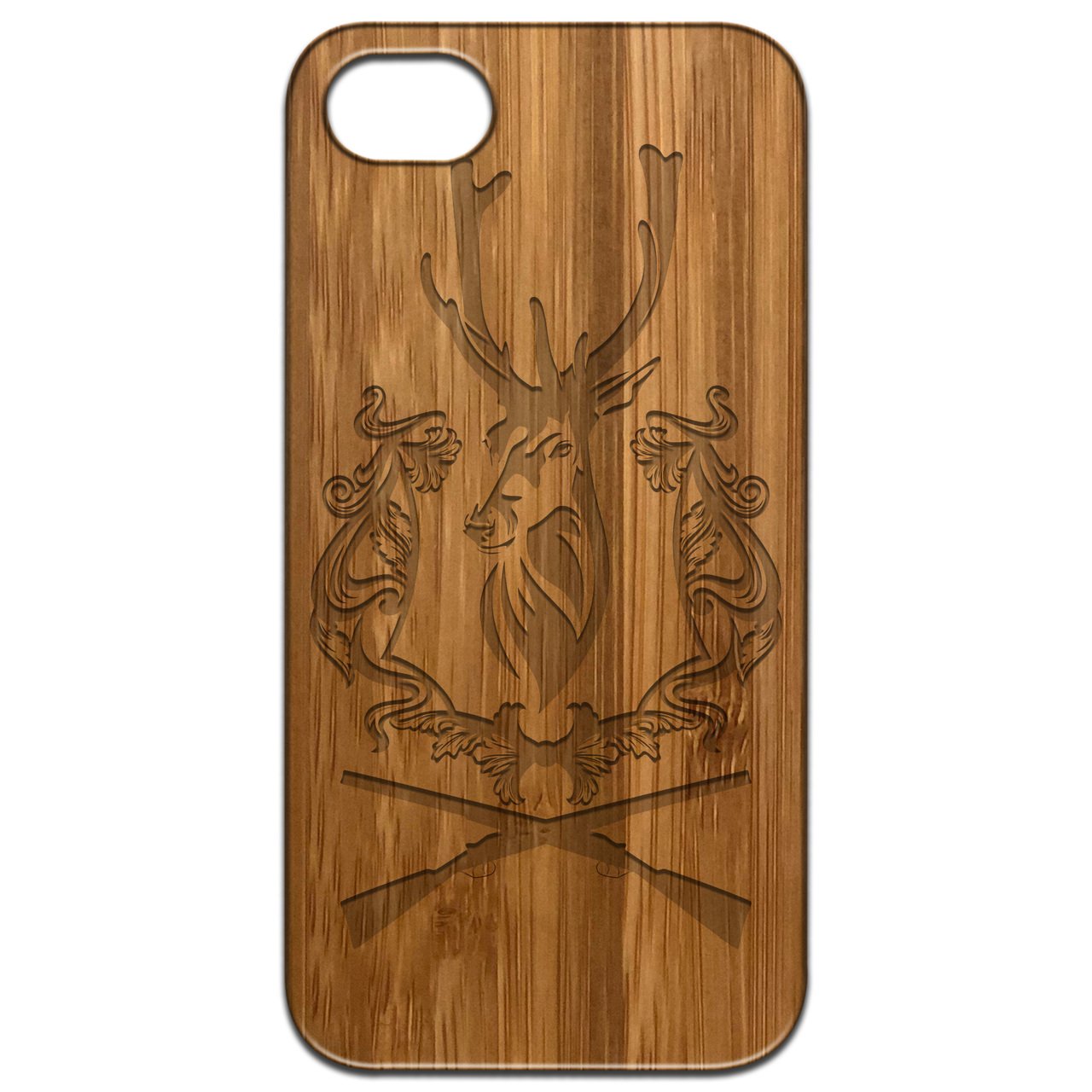 Engraved wooden phone case featuring a deer with rifles design, showcasing natural wood texture and craftsmanship.