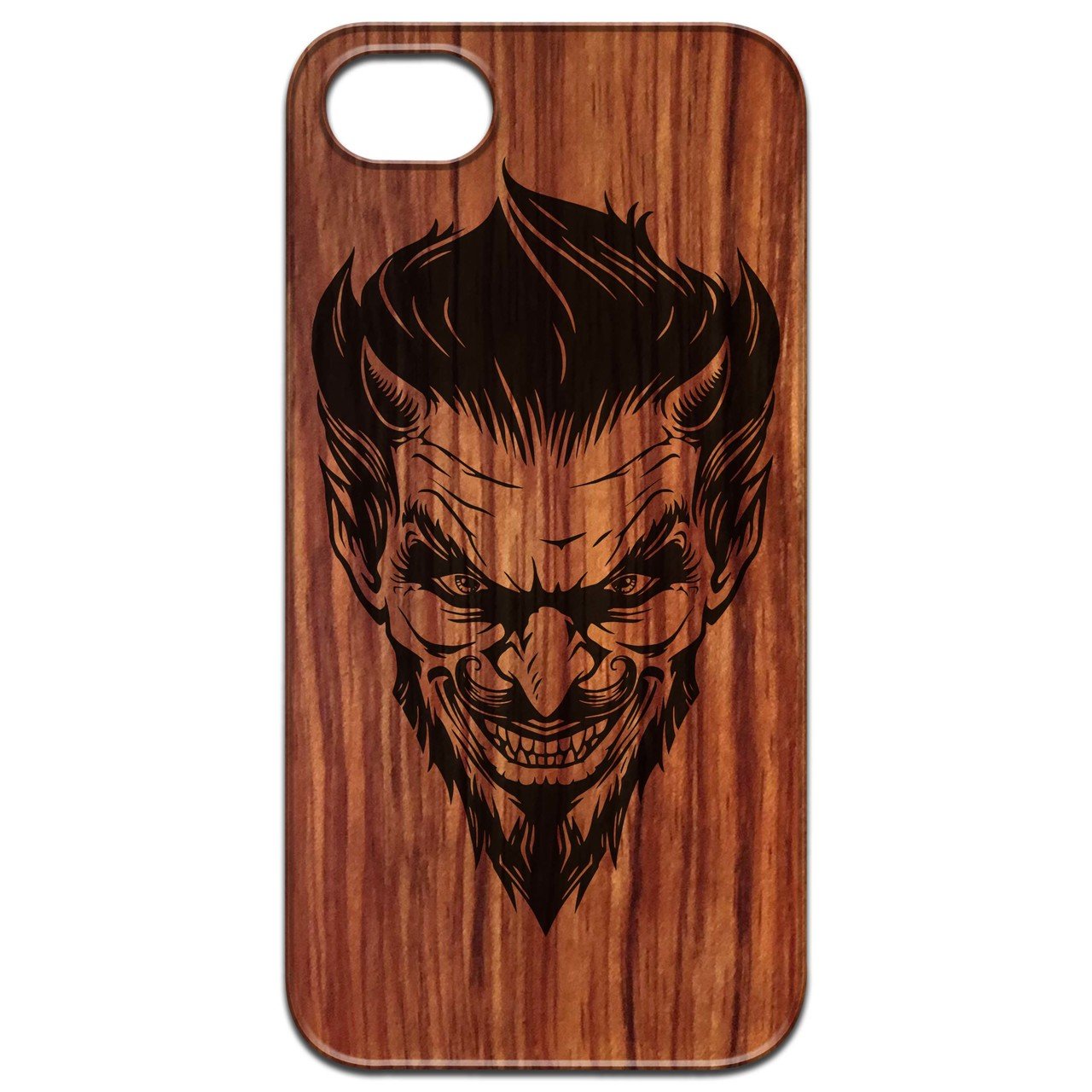 Devil Head Engraved wooden phone case showcasing intricate design and natural wood finish.
