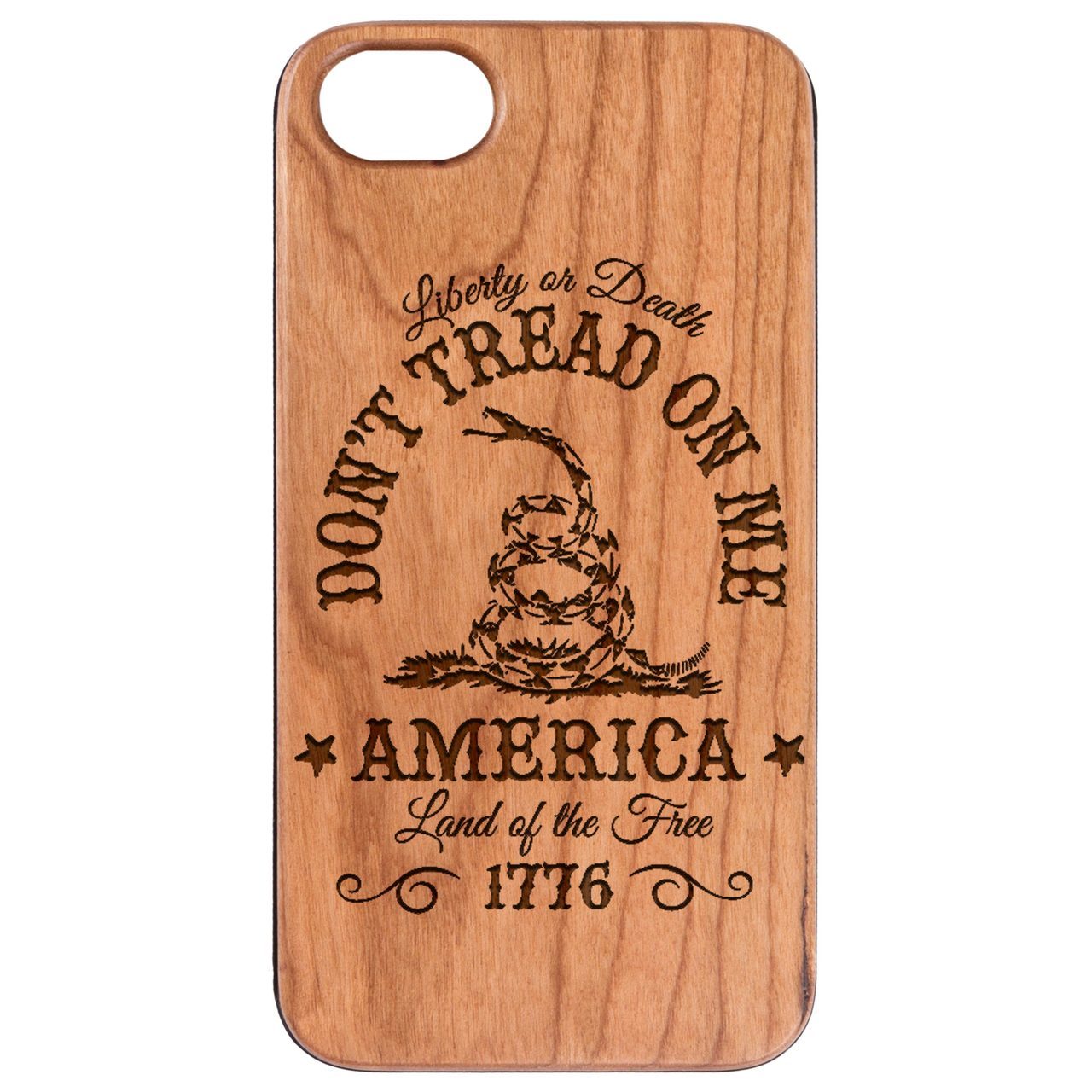 Don't Tread on Me Engraved wooden phone case showcasing intricate design and natural wood finish.
