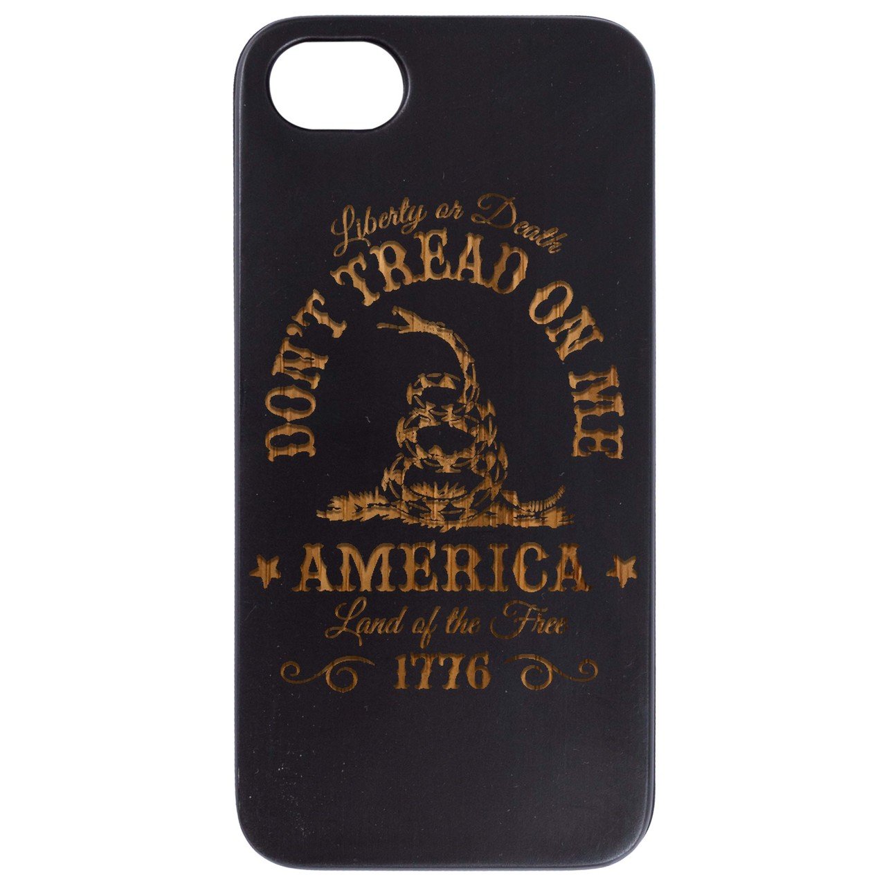 Don't Tread on Me Engraved wooden phone case showcasing intricate design and natural wood finish.