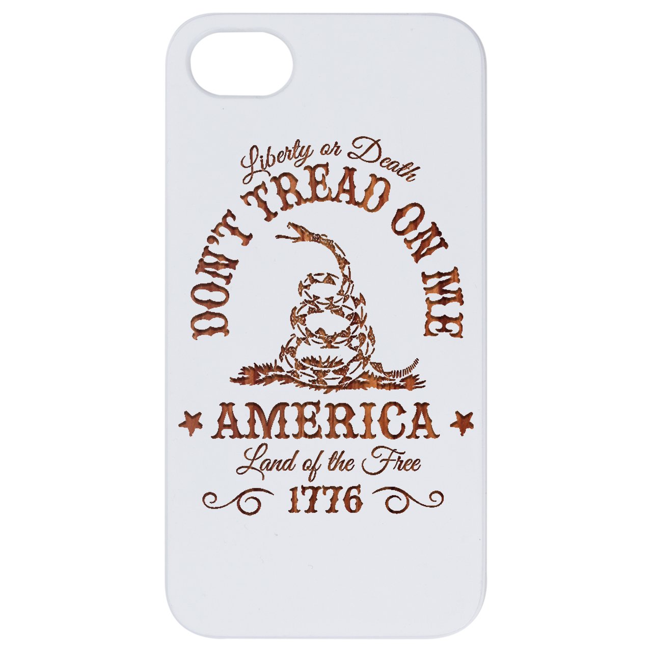 Don't Tread on Me Engraved wooden phone case showcasing intricate design and natural wood finish.