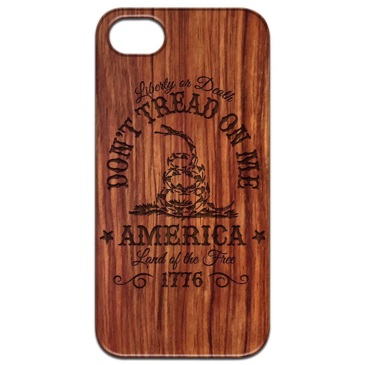 Don't Tread on Me Engraved wooden phone case showcasing intricate design and natural wood finish.
