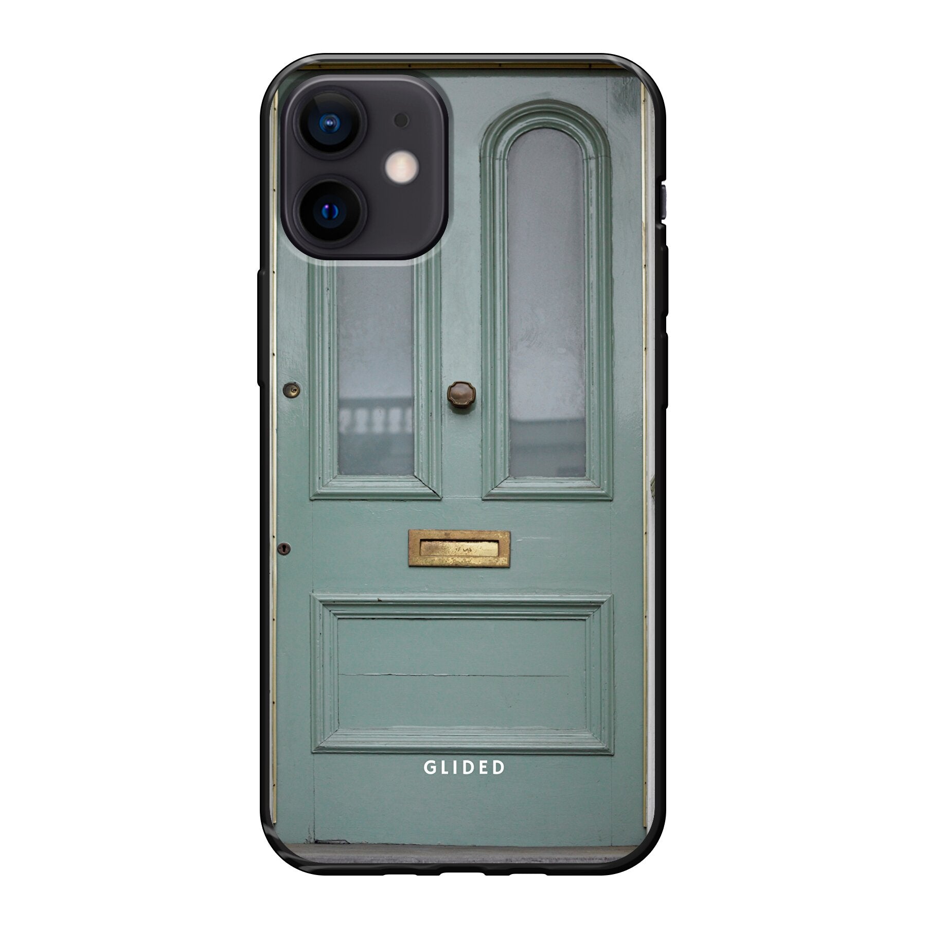 Die 'Doorway Dream' Handyhülle für iPhone 12 mini mit mintgrüner Tür, die Fantasie und Abenteuer symbolisiert.