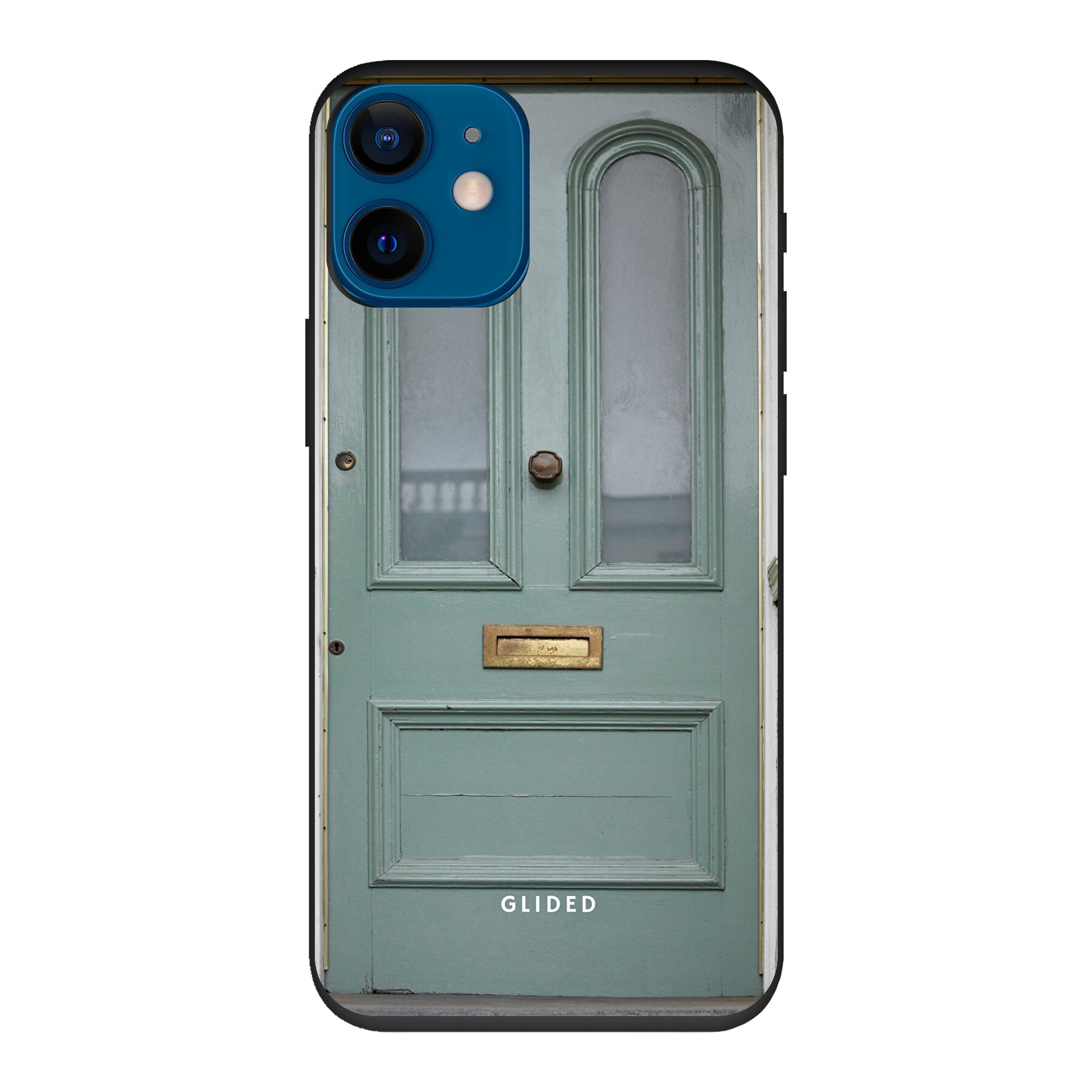 Die 'Doorway Dream' Handyhülle für iPhone 12 mini mit mintgrüner Tür, die Fantasie und Abenteuer symbolisiert.
