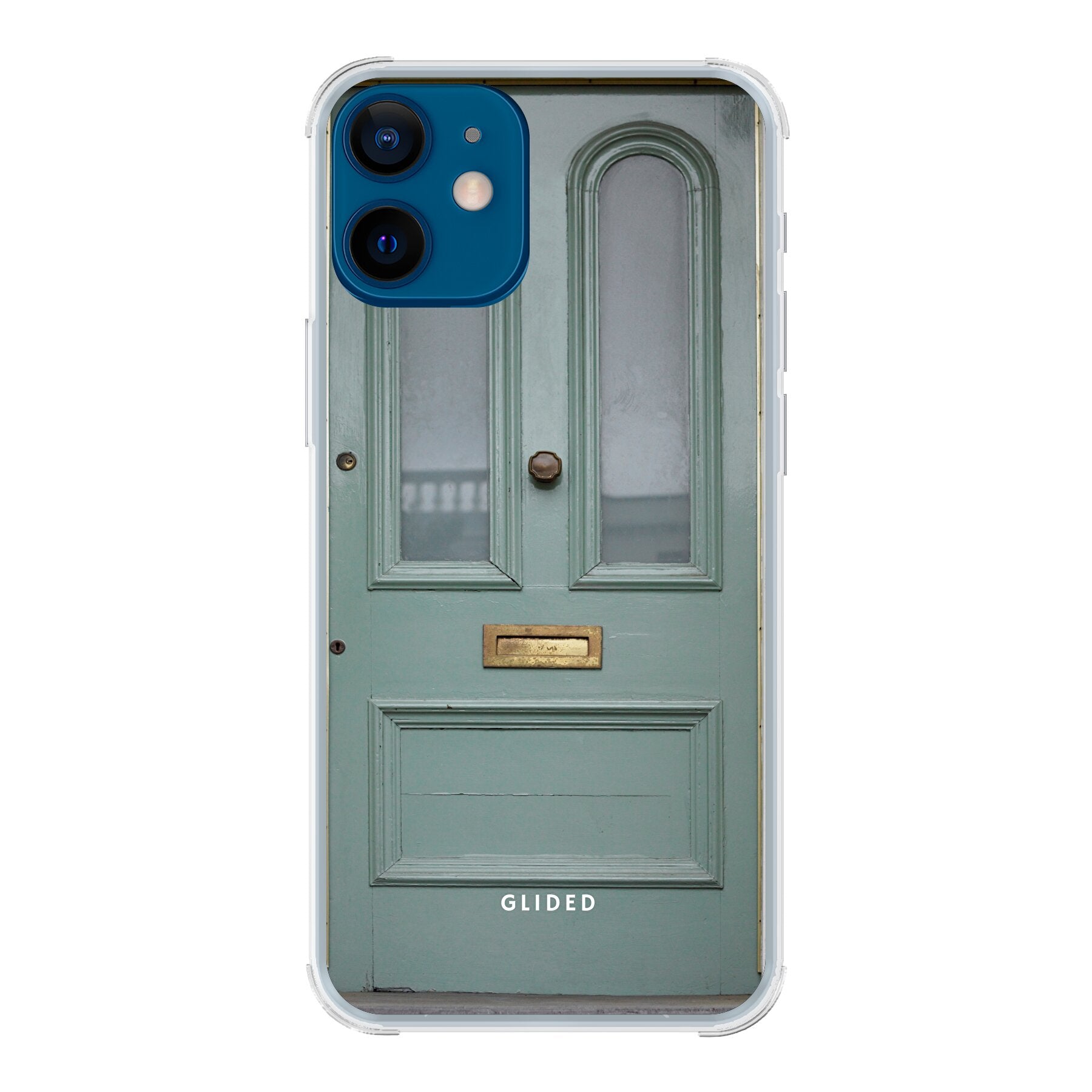 Die 'Doorway Dream' Handyhülle für iPhone 12 mini mit mintgrüner Tür, die Fantasie und Abenteuer symbolisiert.