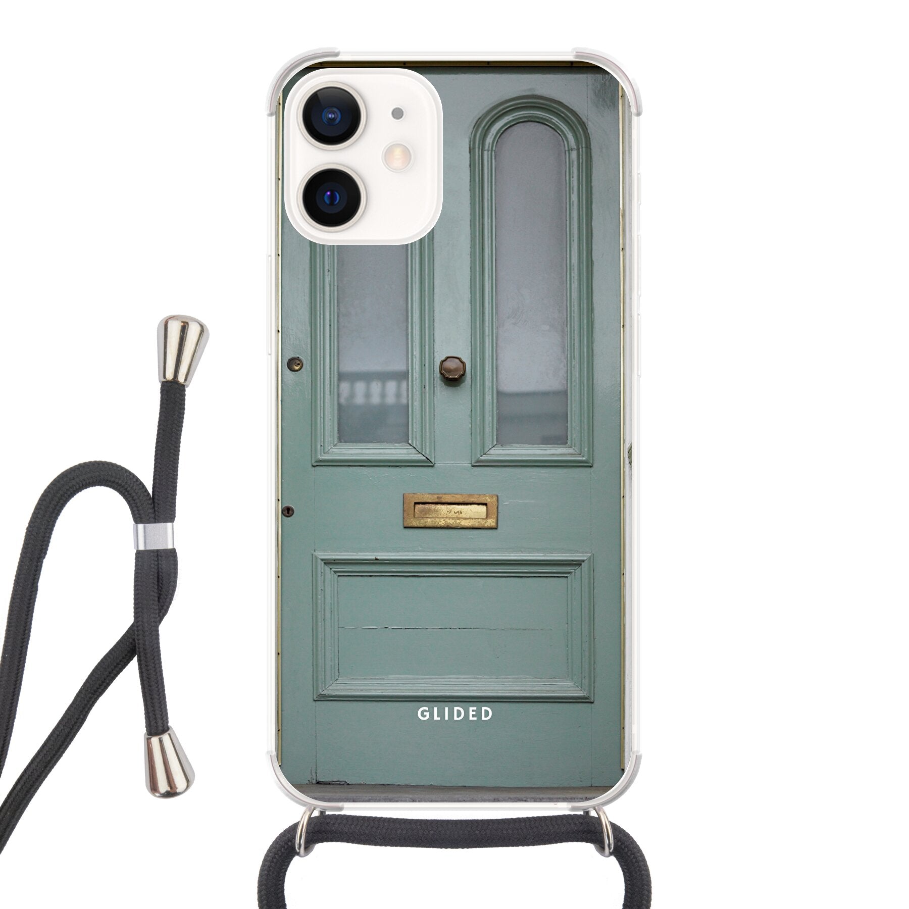 Die 'Doorway Dream' Handyhülle für iPhone 12 mini mit mintgrüner Tür, die Fantasie und Abenteuer symbolisiert.