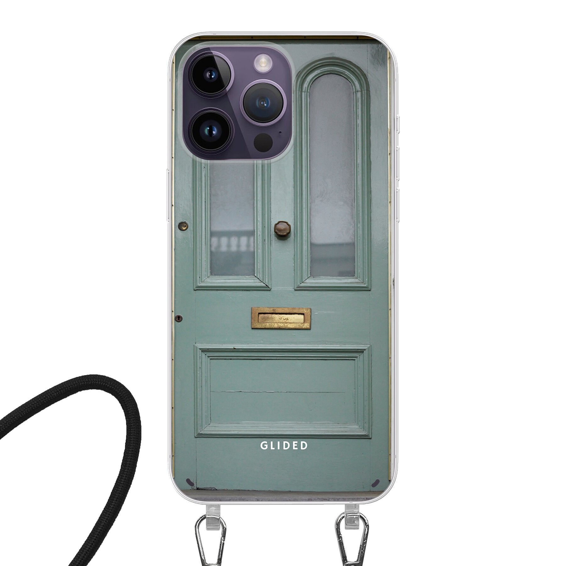 Doorway Dream Handyhülle für iPhone 14 Pro mit mintgrüner Tür, die Fantasie und Abenteuer symbolisiert.