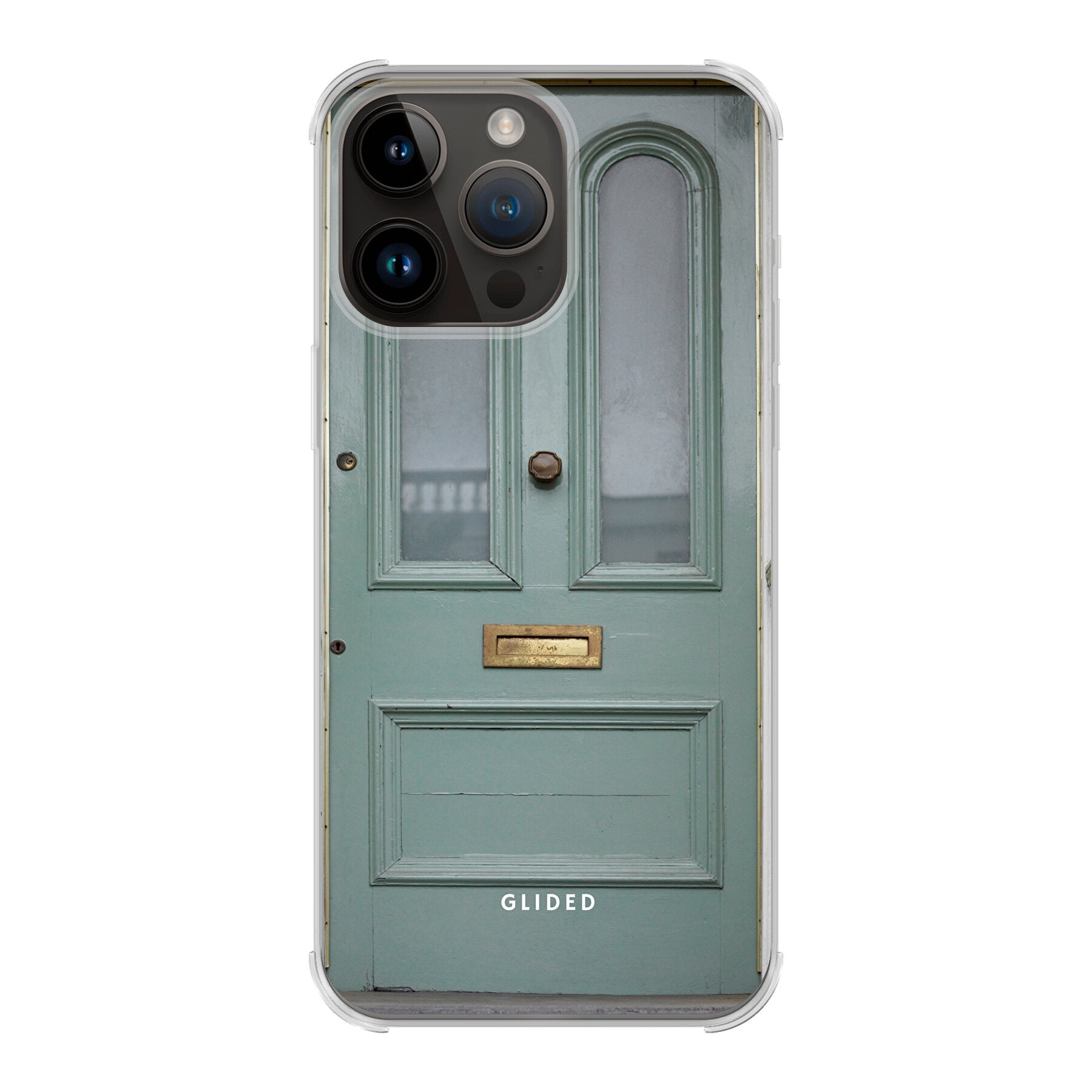 Die 'Doorway Dream' Handyhülle für iPhone 14 Pro Max mit mintgrüner Tür, die Fantasie und Abenteuer symbolisiert.