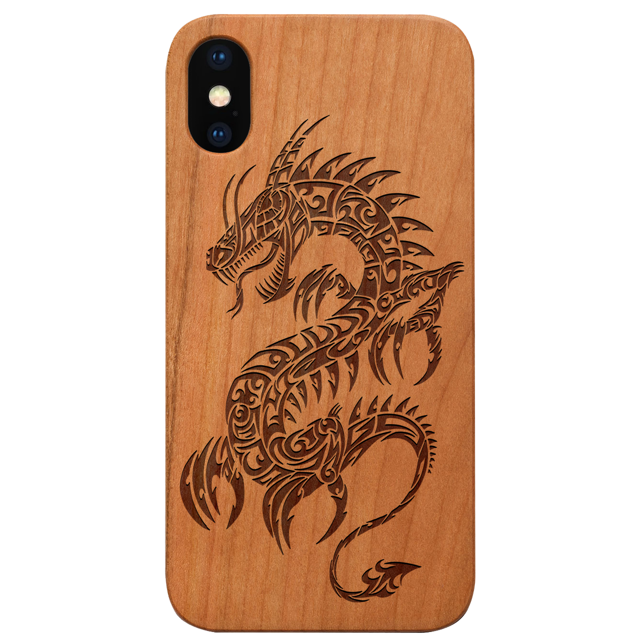 Dragon 2 - Engraved wooden phone case showcasing intricate laser-engraved designs and natural wood finish.