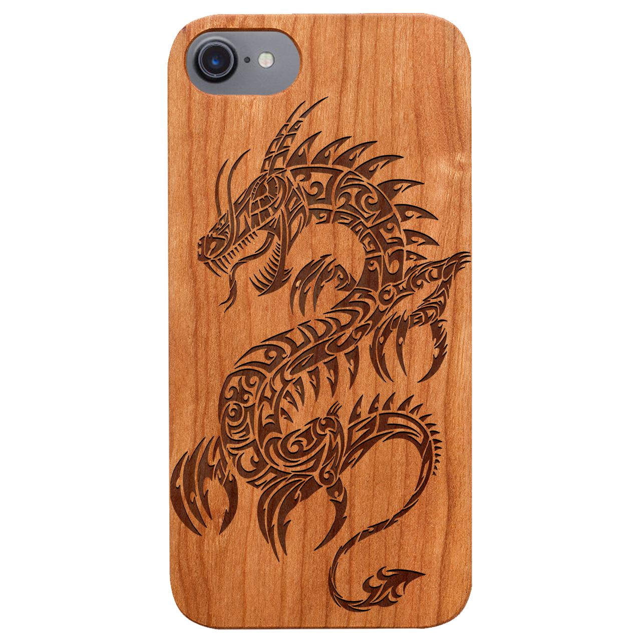 Dragon 2 - Engraved wooden phone case showcasing intricate laser-engraved designs and natural wood finish.