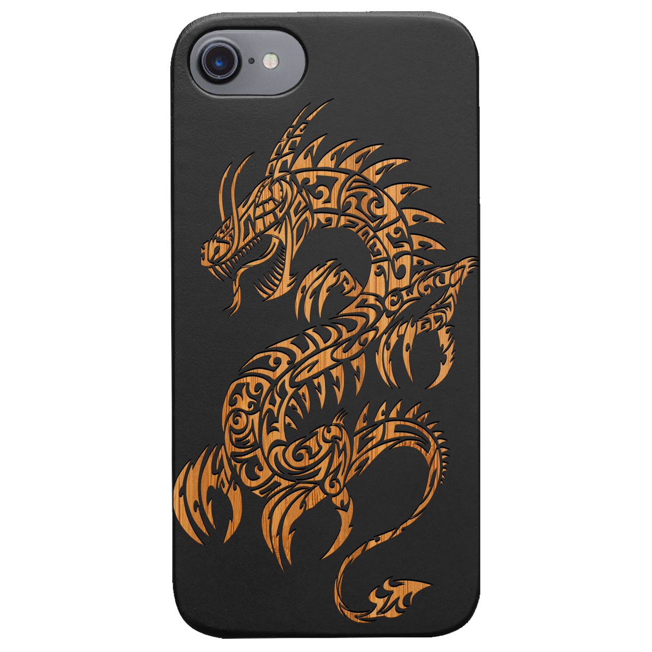 Dragon 2 - Engraved wooden phone case showcasing intricate laser-engraved designs and natural wood finish.