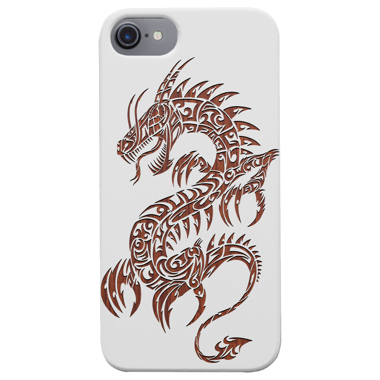 Dragon 2 - Engraved wooden phone case showcasing intricate laser-engraved designs and natural wood finish.