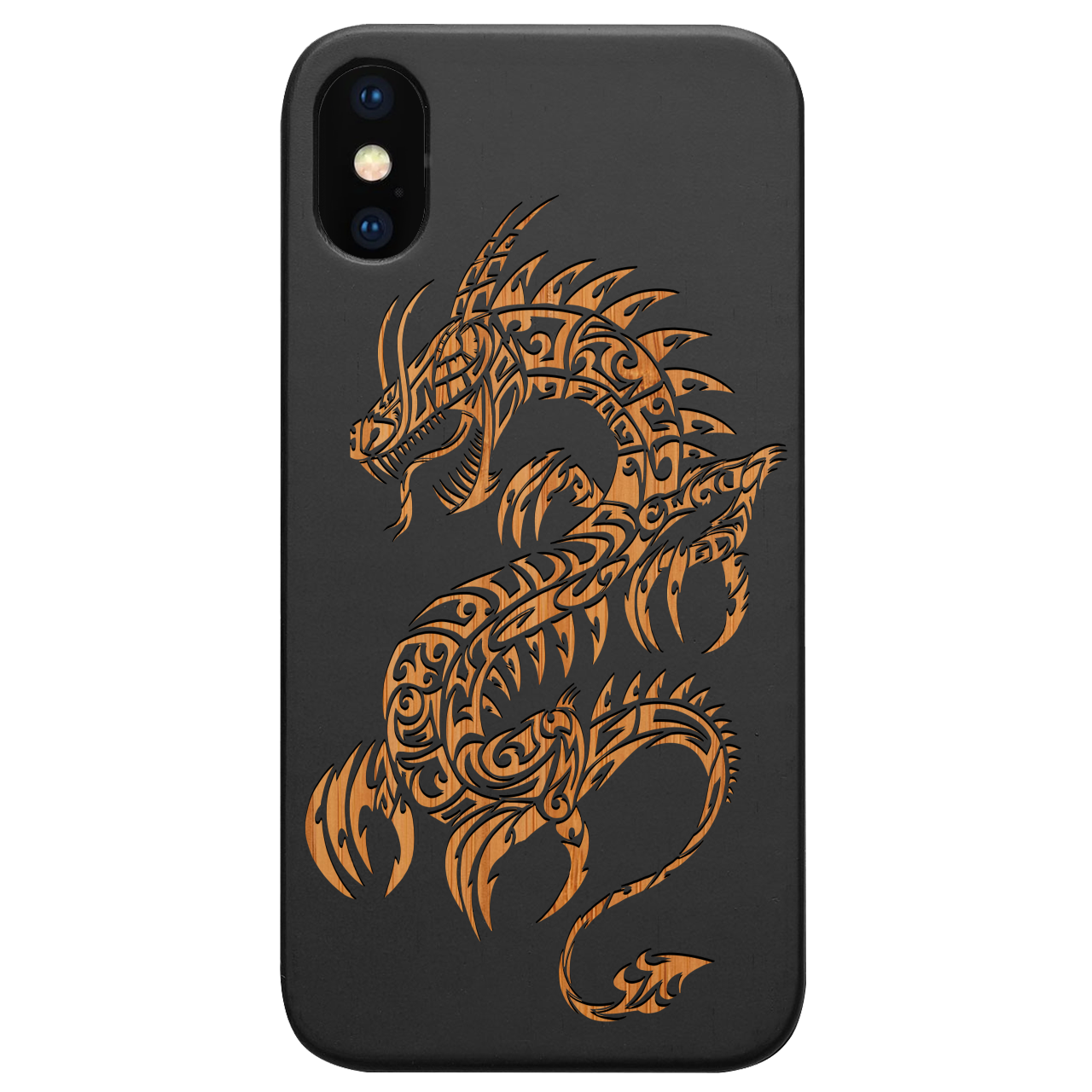 Dragon 2 - Engraved wooden phone case showcasing intricate laser-engraved designs and natural wood finish.