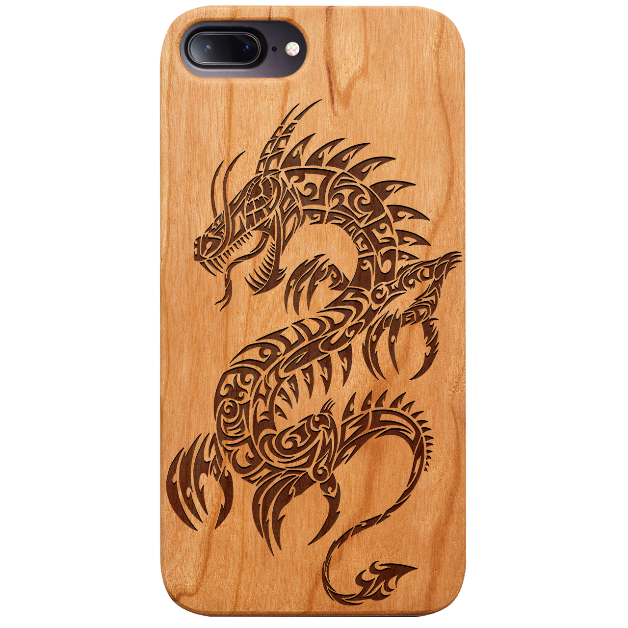 Dragon 2 - Engraved wooden phone case showcasing intricate laser-engraved designs and natural wood finish.