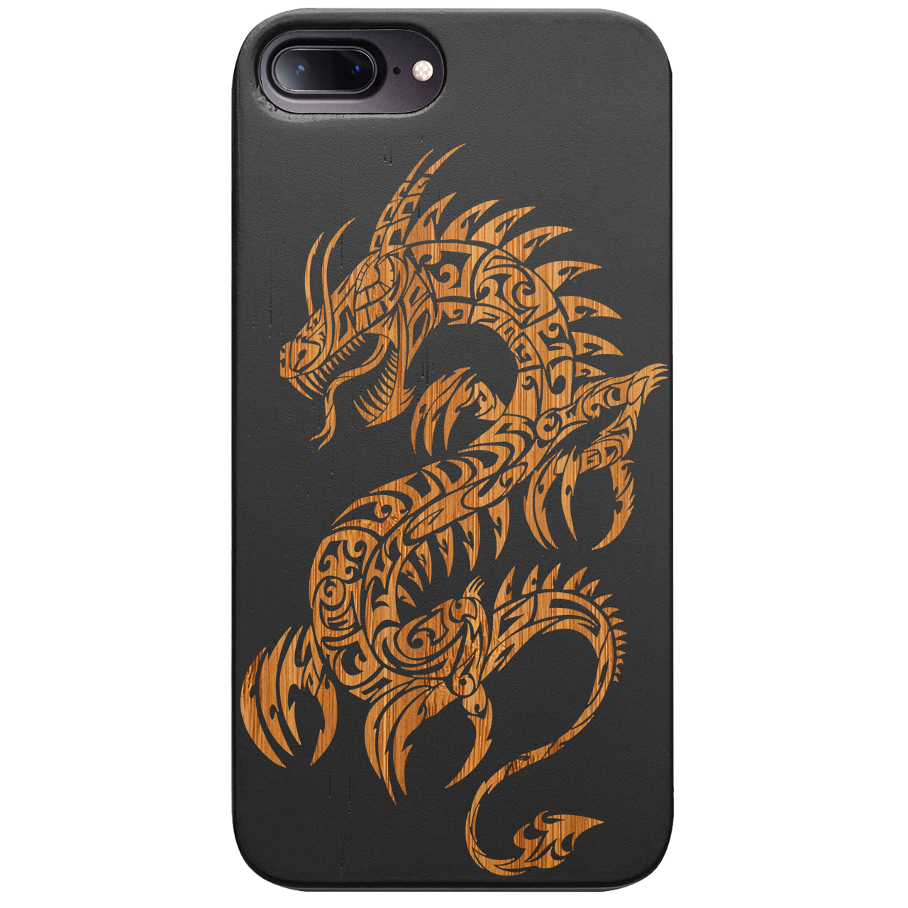 Dragon 2 - Engraved wooden phone case showcasing intricate laser-engraved designs and natural wood finish.