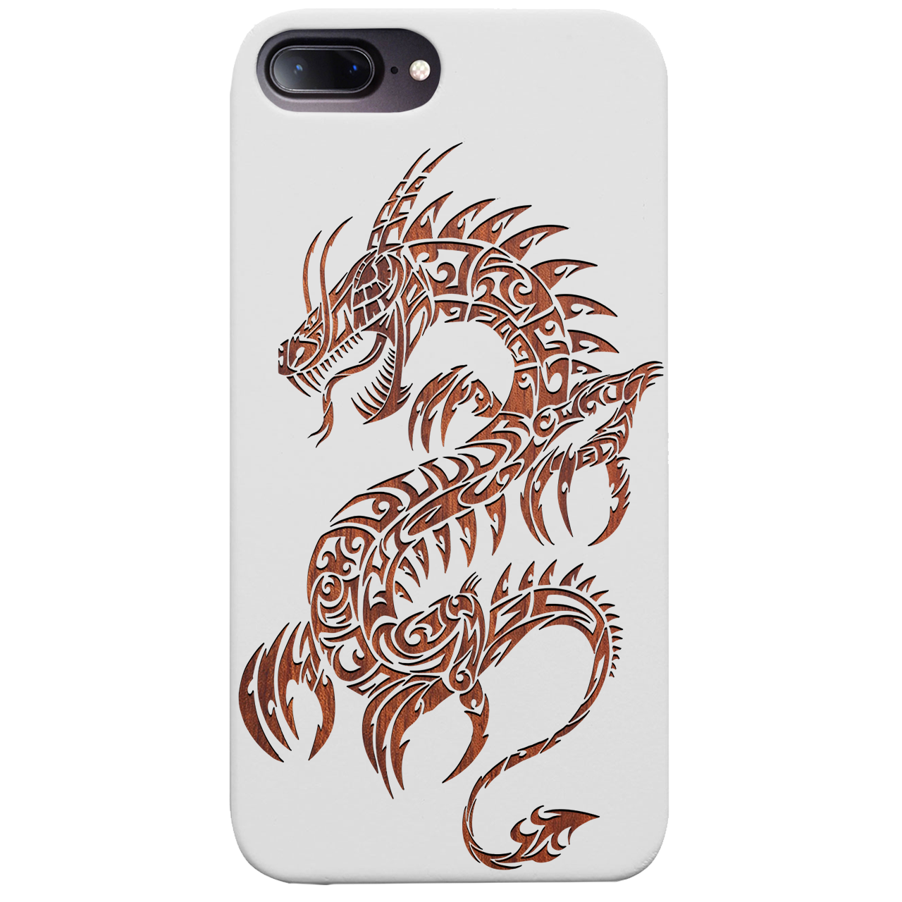 Dragon 2 - Engraved wooden phone case showcasing intricate laser-engraved designs and natural wood finish.