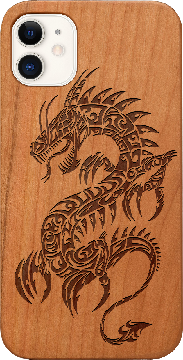 Dragon 2 - Engraved wooden phone case showcasing intricate laser-engraved designs and natural wood finish.