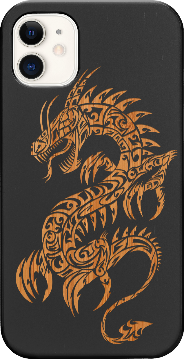 Dragon 2 - Engraved wooden phone case showcasing intricate laser-engraved designs and natural wood finish.