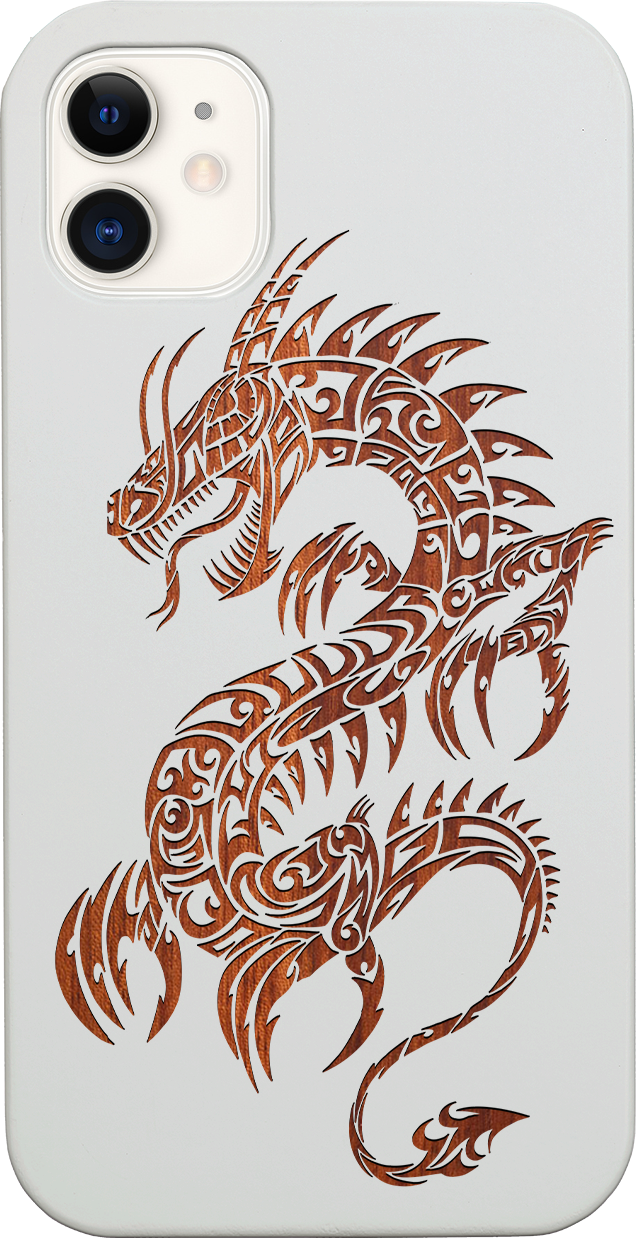Dragon 2 - Engraved wooden phone case showcasing intricate laser-engraved designs and natural wood finish.