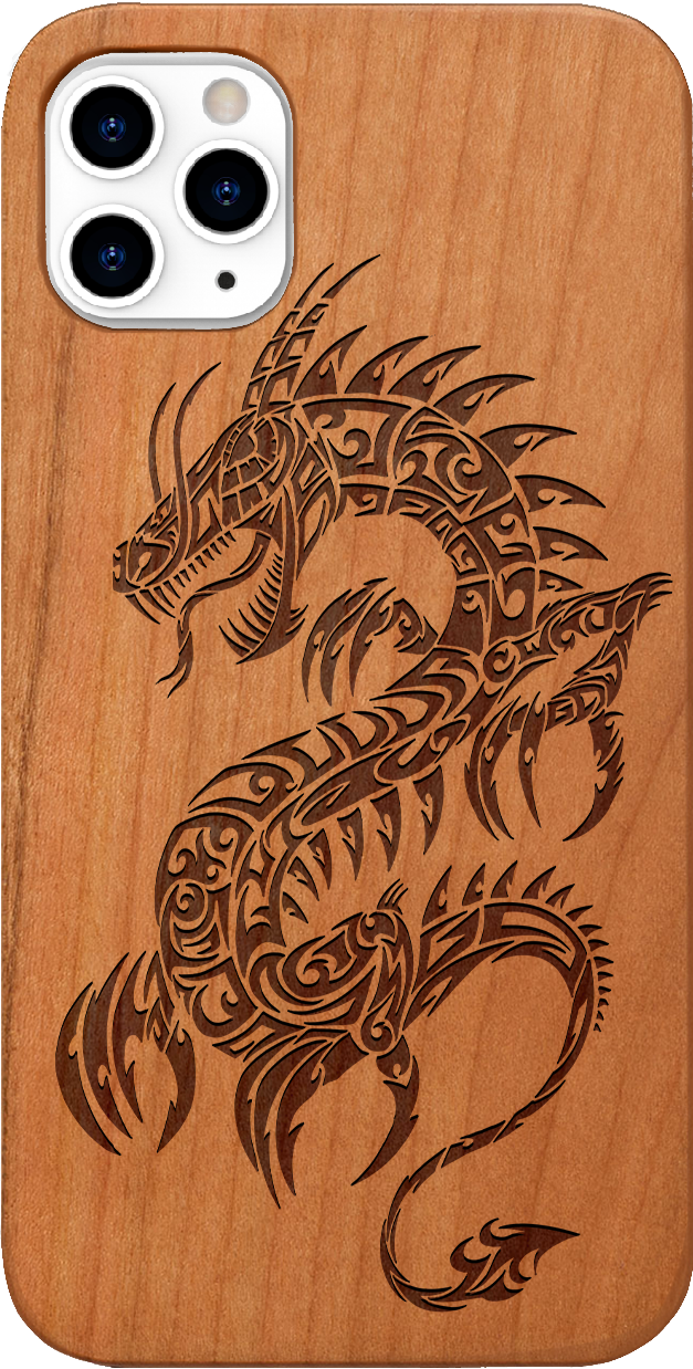 Dragon 2 - Engraved wooden phone case showcasing intricate laser-engraved designs and natural wood finish.