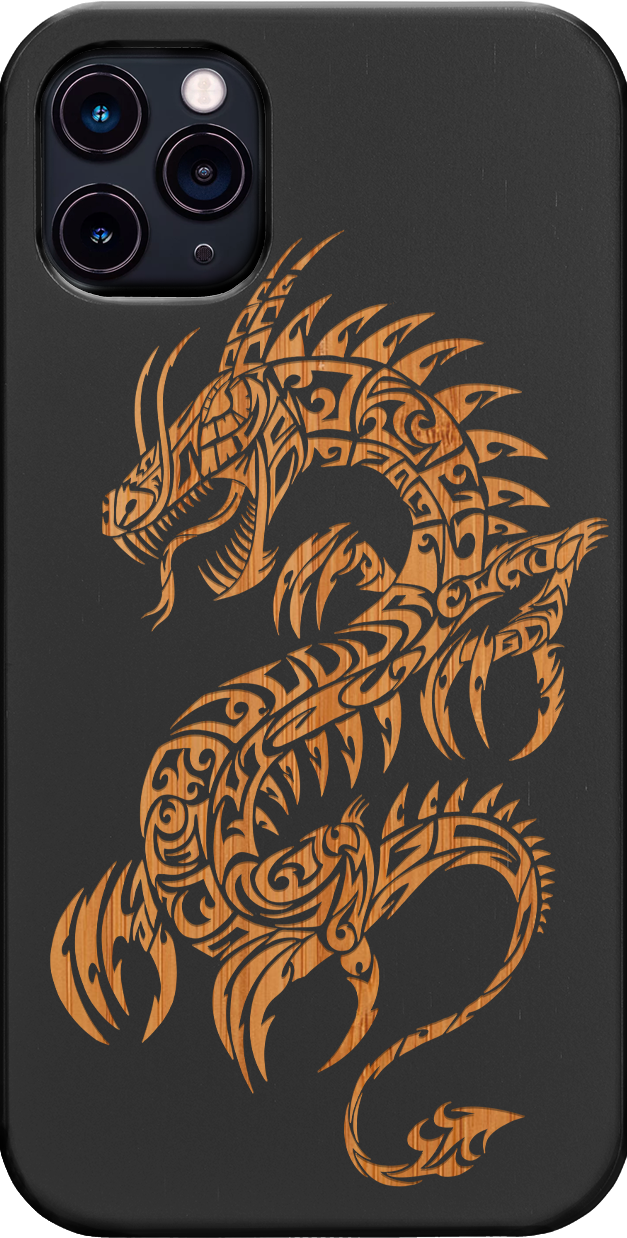 Dragon 2 - Engraved wooden phone case showcasing intricate laser-engraved designs and natural wood finish.