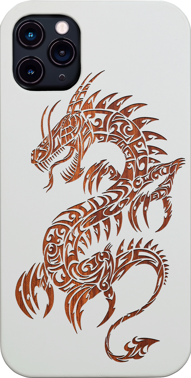 Dragon 2 - Engraved wooden phone case showcasing intricate laser-engraved designs and natural wood finish.