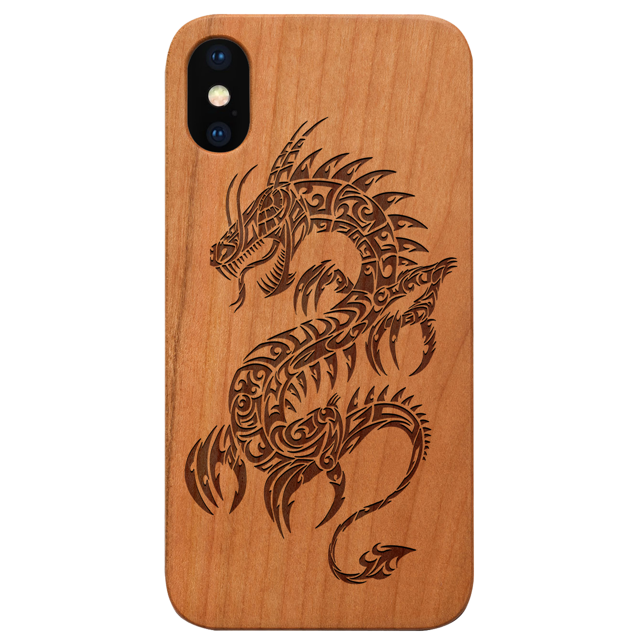 Dragon 2 - Engraved wooden phone case showcasing intricate laser-engraved designs and natural wood finish.