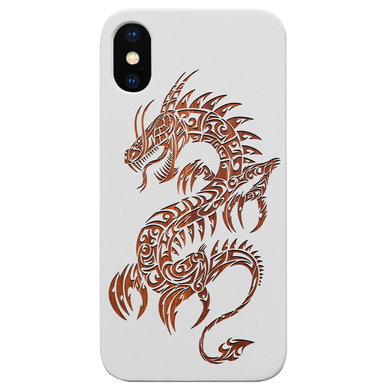 Dragon 2 - Engraved wooden phone case showcasing intricate laser-engraved designs and natural wood finish.