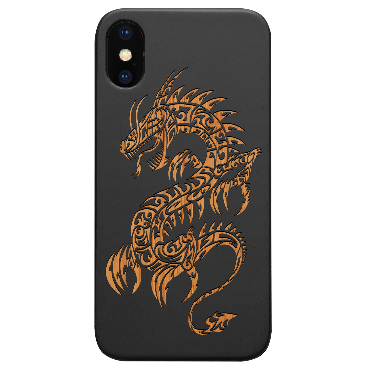 Dragon 2 - Engraved wooden phone case showcasing intricate laser-engraved designs and natural wood finish.