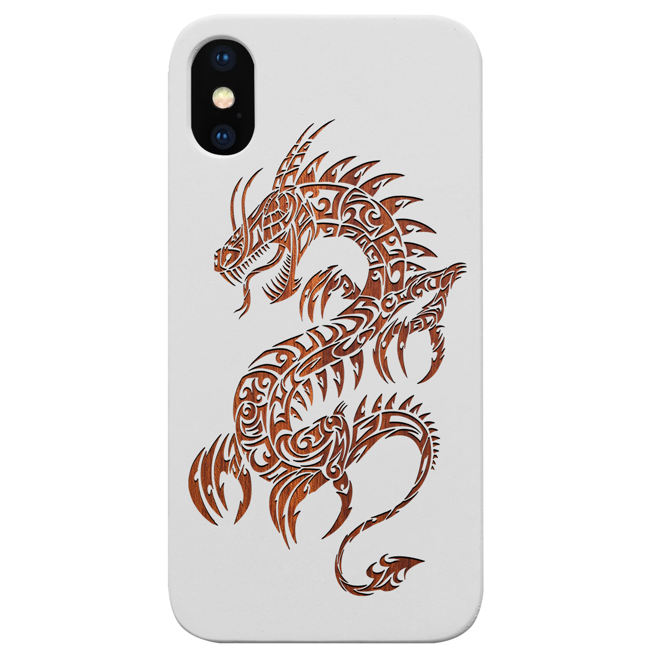 Dragon 2 - Engraved wooden phone case showcasing intricate laser-engraved designs and natural wood finish.