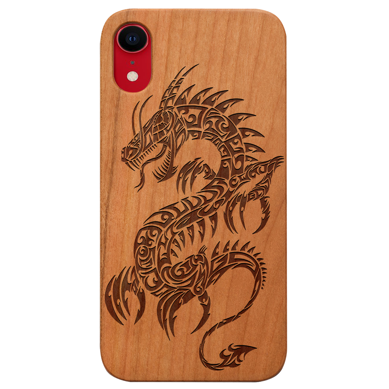 Dragon 2 - Engraved wooden phone case showcasing intricate laser-engraved designs and natural wood finish.