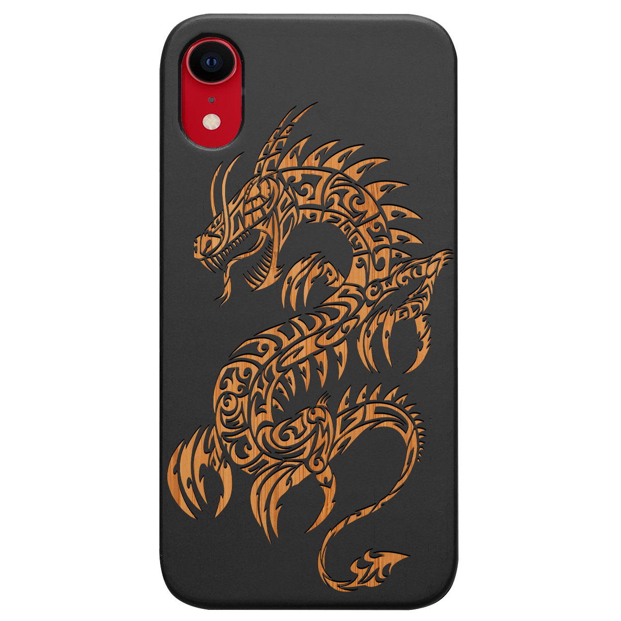 Dragon 2 - Engraved wooden phone case showcasing intricate laser-engraved designs and natural wood finish.