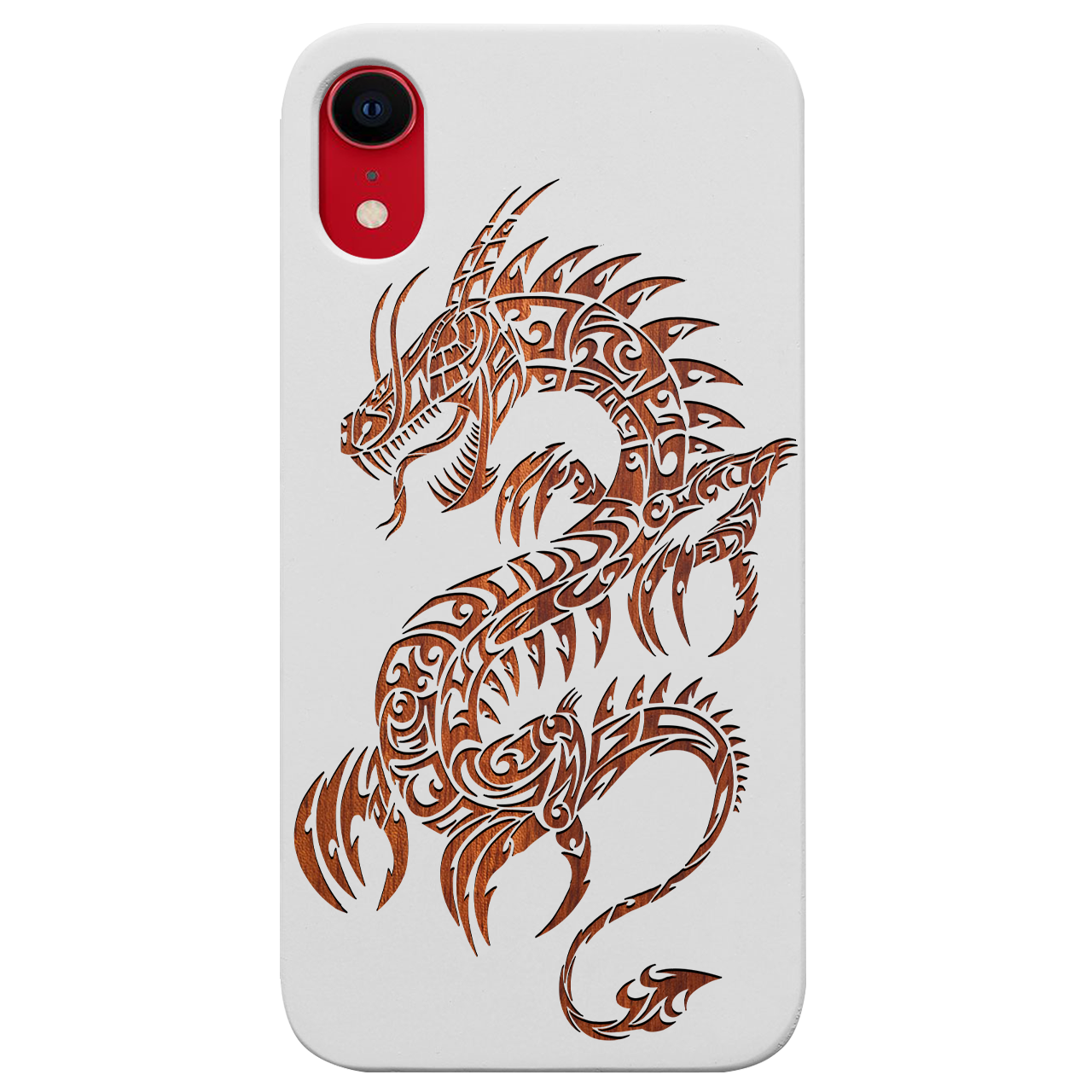 Dragon 2 - Engraved wooden phone case showcasing intricate laser-engraved designs and natural wood finish.
