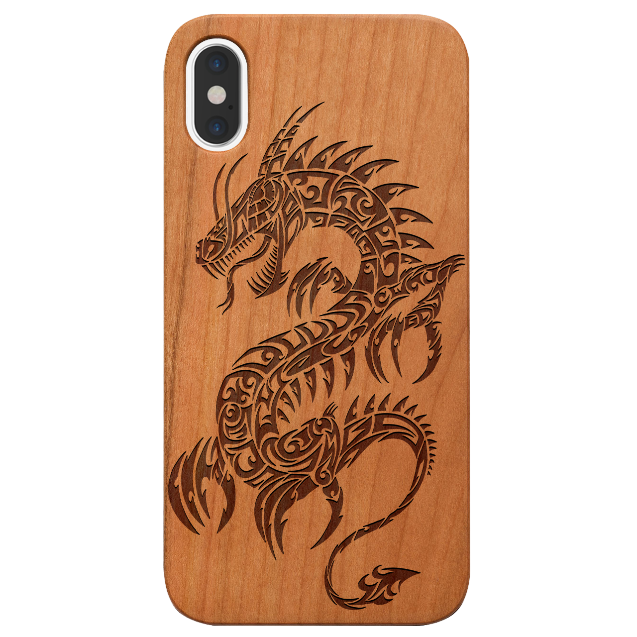 Dragon 2 - Engraved wooden phone case showcasing intricate laser-engraved designs and natural wood finish.