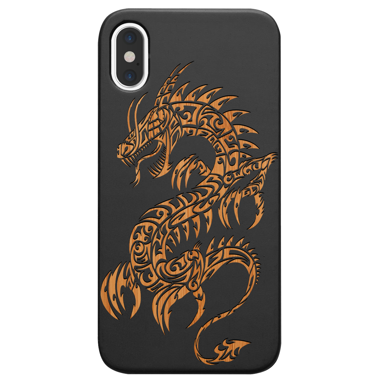 Dragon 2 - Engraved wooden phone case showcasing intricate laser-engraved designs and natural wood finish.
