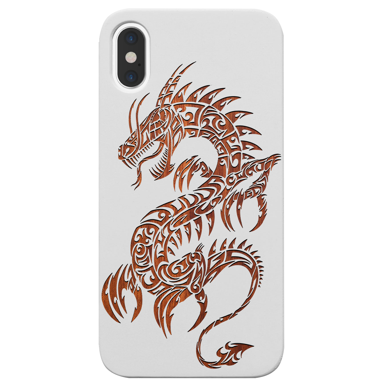 Dragon 2 - Engraved wooden phone case showcasing intricate laser-engraved designs and natural wood finish.