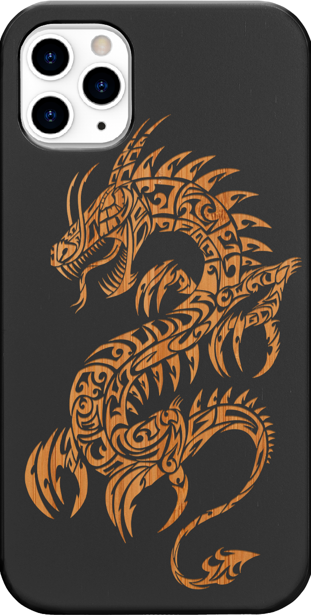 Dragon 2 - Engraved wooden phone case showcasing intricate laser-engraved designs and natural wood finish.