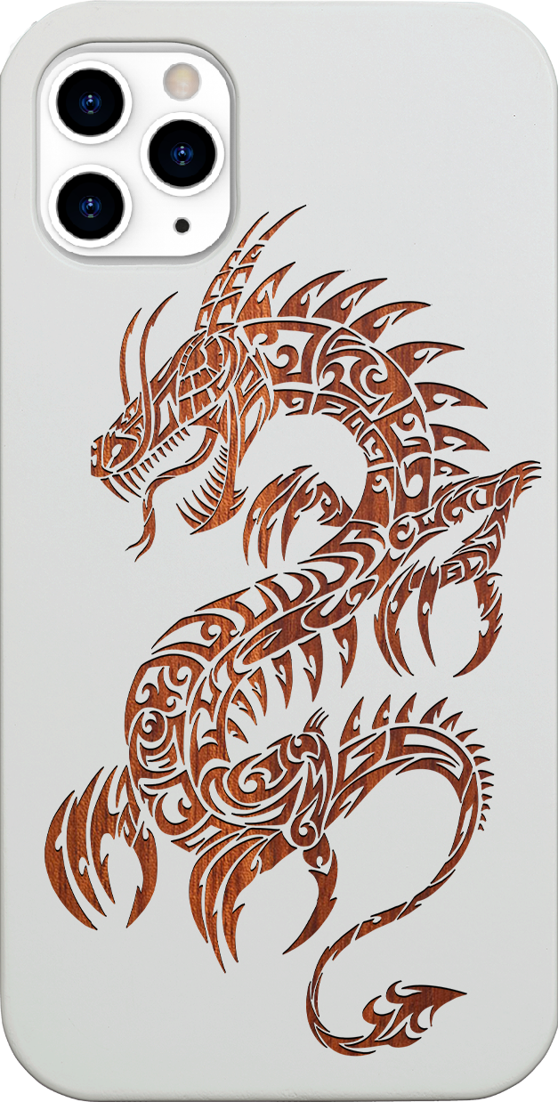 Dragon 2 - Engraved wooden phone case showcasing intricate laser-engraved designs and natural wood finish.