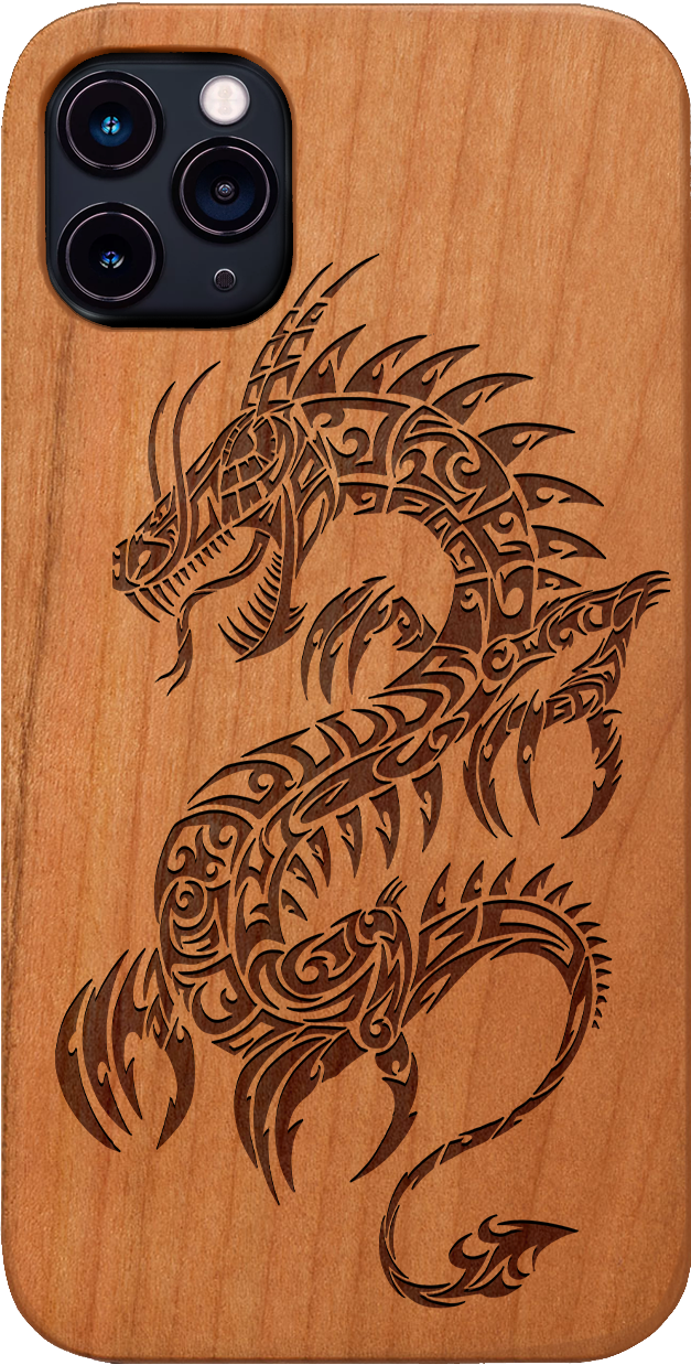 Dragon 2 - Engraved wooden phone case showcasing intricate laser-engraved designs and natural wood finish.