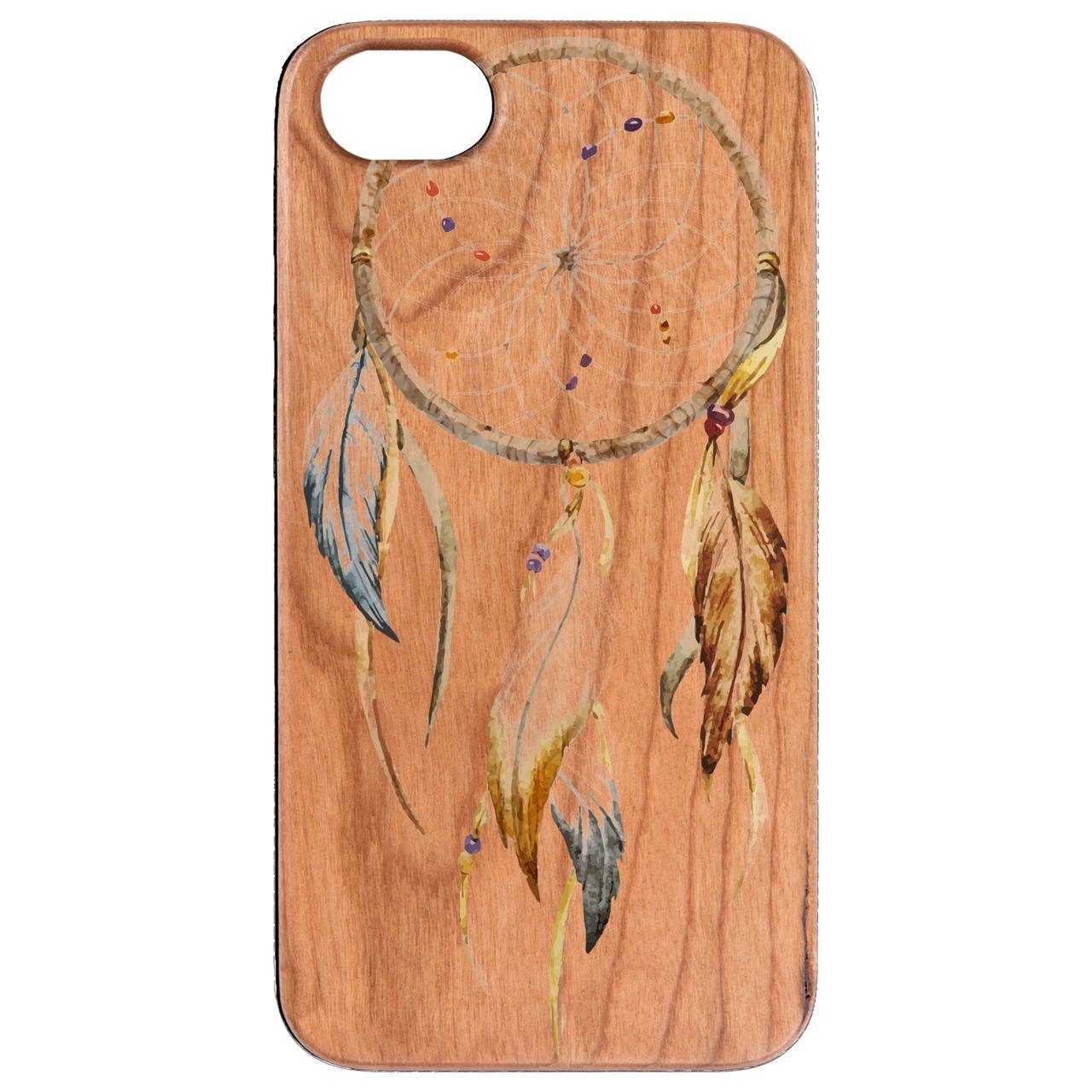Dream Catcher UV Color Printed phone case featuring a unique design on a natural wood surface with enhanced rubber bumper.