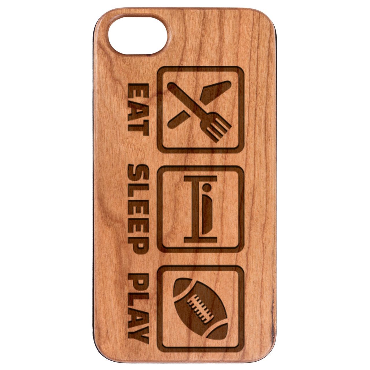 Eat Sleep Play Engraved wooden phone case showcasing unique laser-engraved design and durable construction.